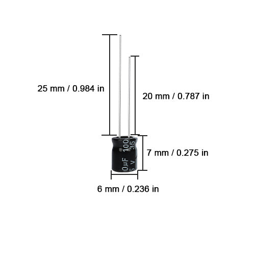 100µF 35V ±20% Aluminum Electrolytic Capacitor | Through-Hole 6×7mm