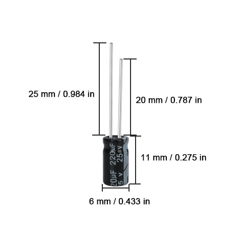 220µF 25V ±20% Aluminum Electrolytic Capacitor | Through-Hole 6×11mm
